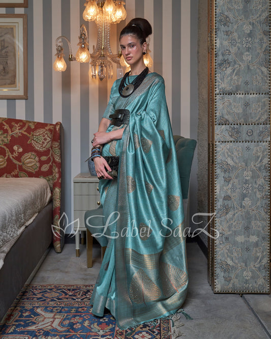 Sky Blue Party Designer Tussar Banarasi With Moti Work Saree