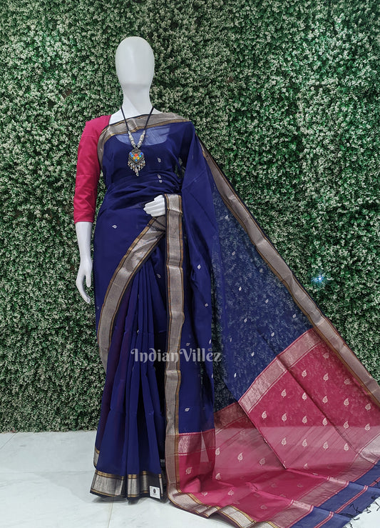 Royal Blue Leaf Motif Pure Silk Cotton Maheswari Saree