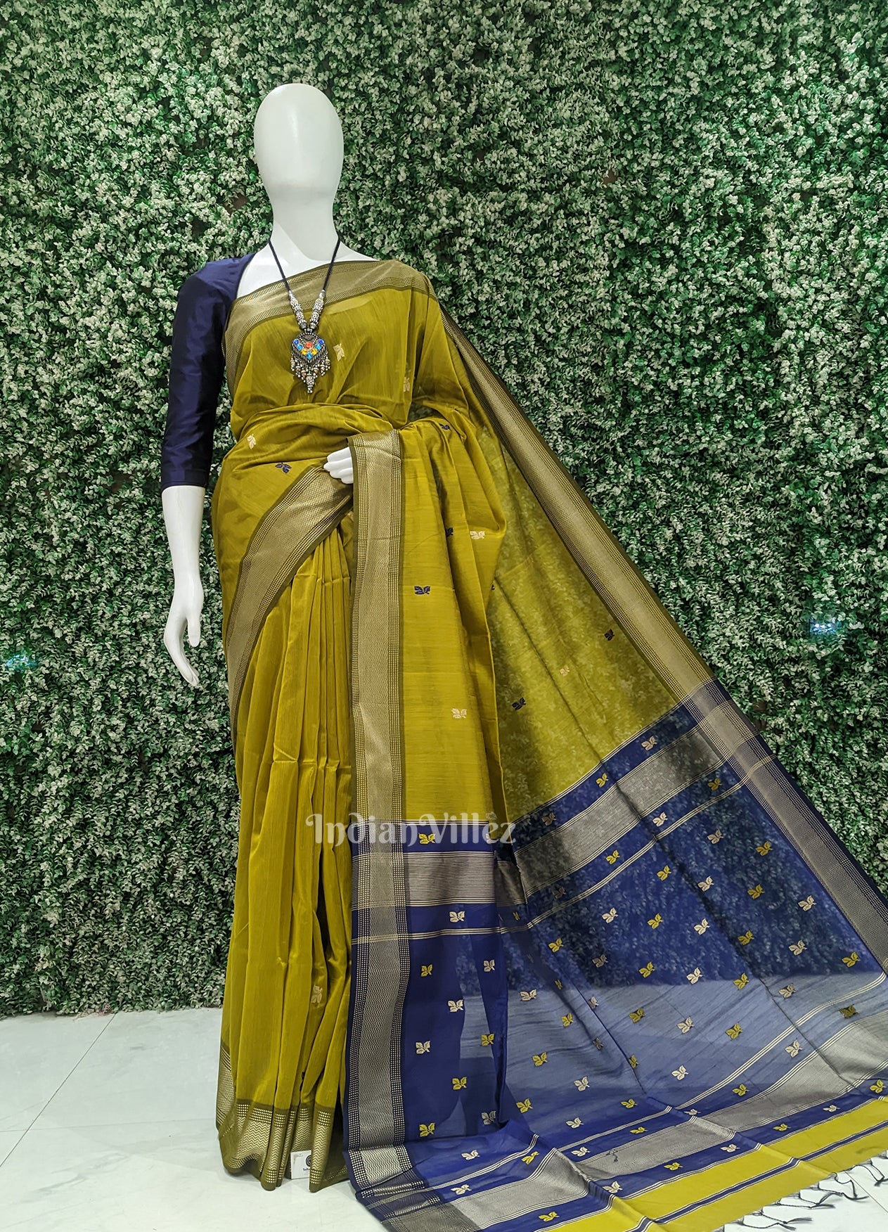 Mehendi Green Royal Blue Maheshwari Saree
