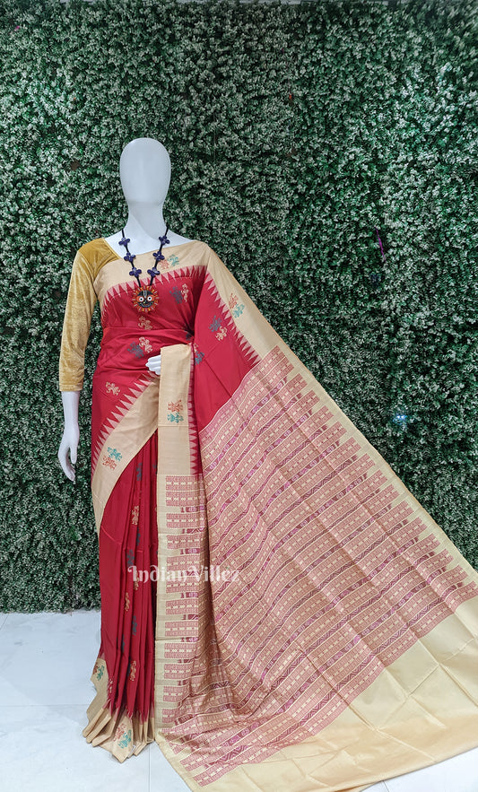 Red Beige Tribal Doli Sawari Odisha Ikat Bomkai Sambalpuri Silk Saree