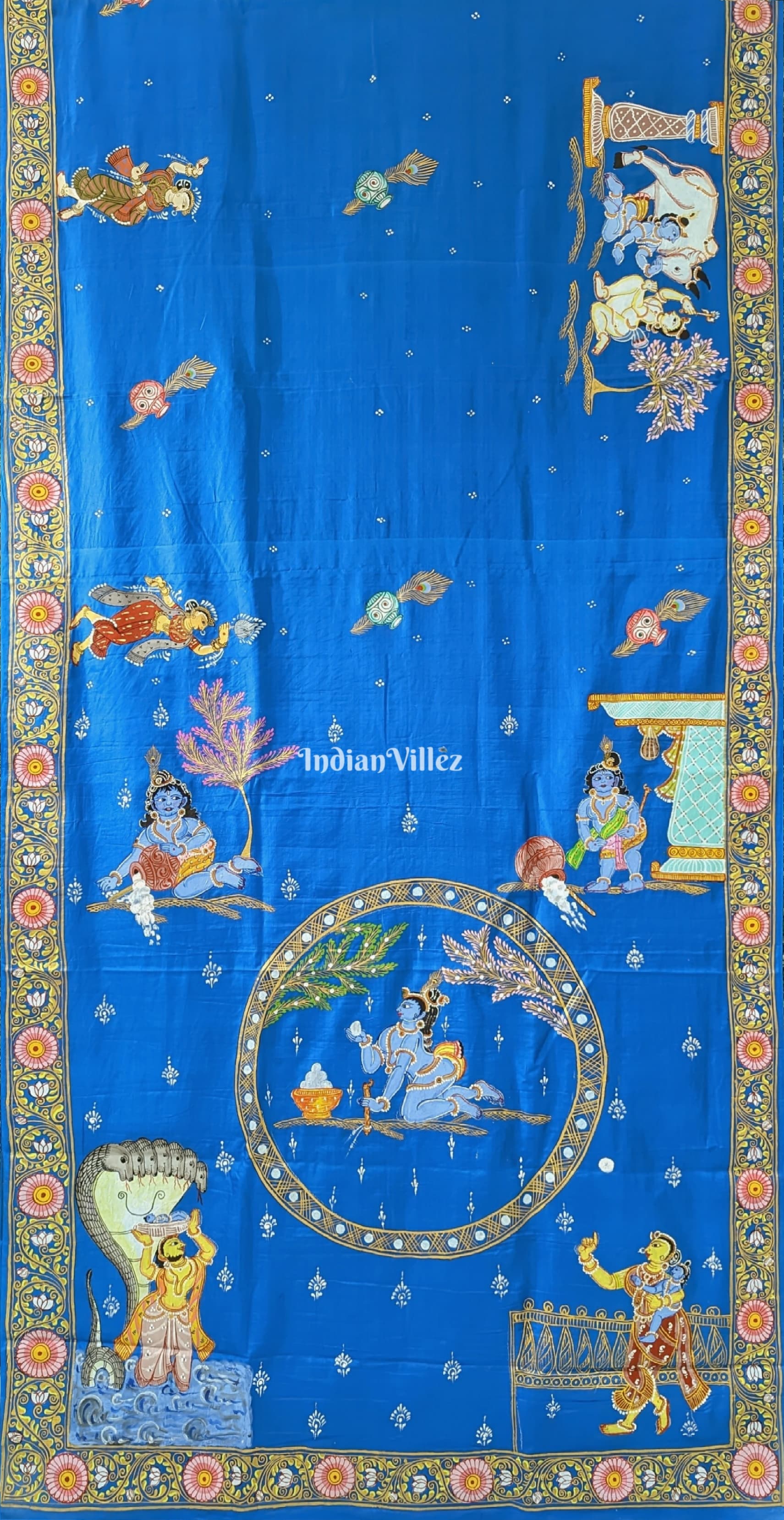Peacock Blue Krishna Janmashtami Theme Pattachitra Silk Saree