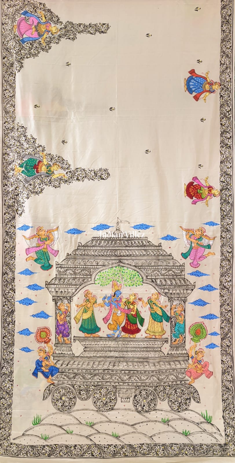Off White Radha Krisha Pattachitra Pure Silk Saree