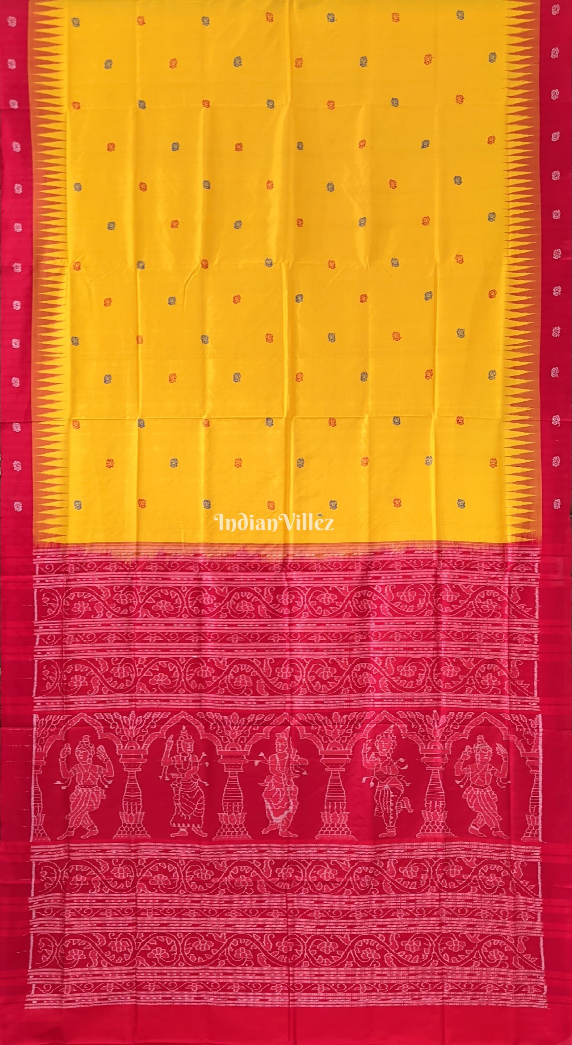 Yellow Red Flower Motif Odisha Ikat Bomkai Silk Saree