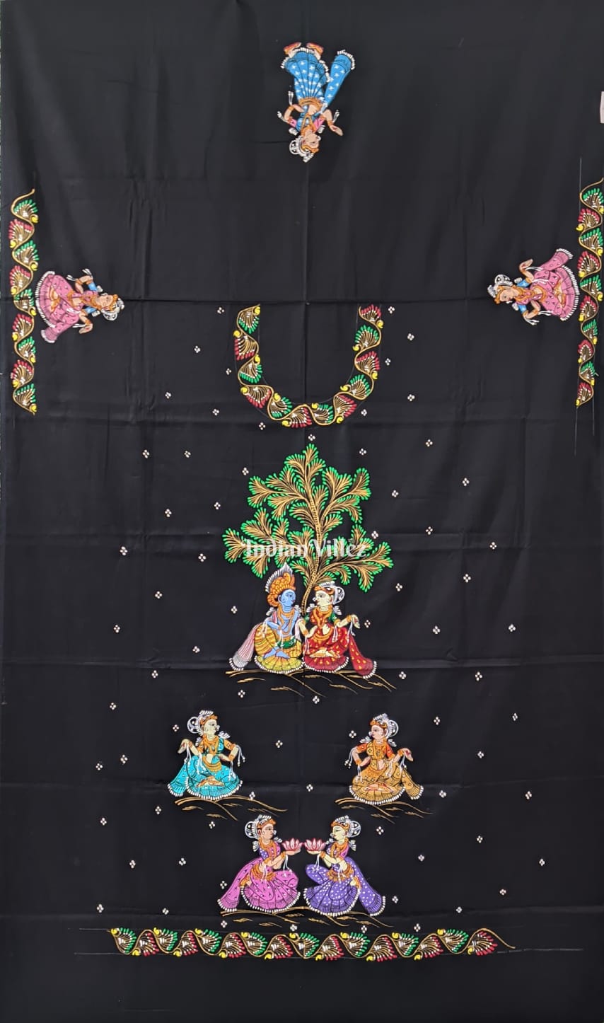 Black Radha Krisha Pattachitra Kurti Cotton Dress Material