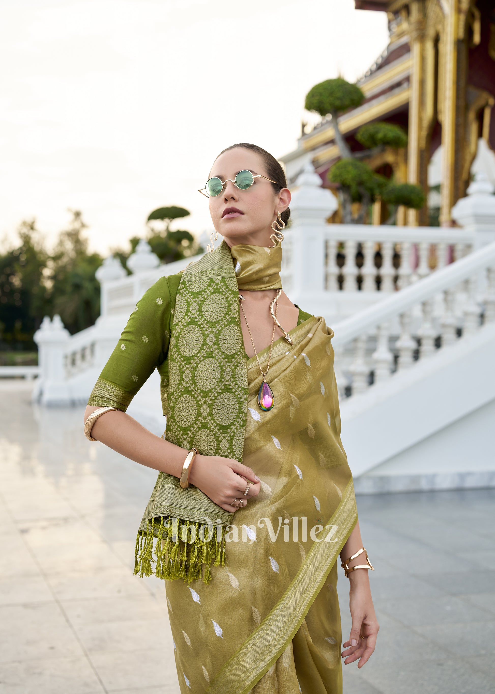 Olive Green Tissue Silk Saree