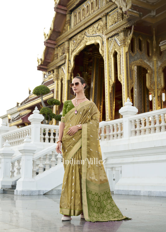 Olive Green Tissue Silk Saree