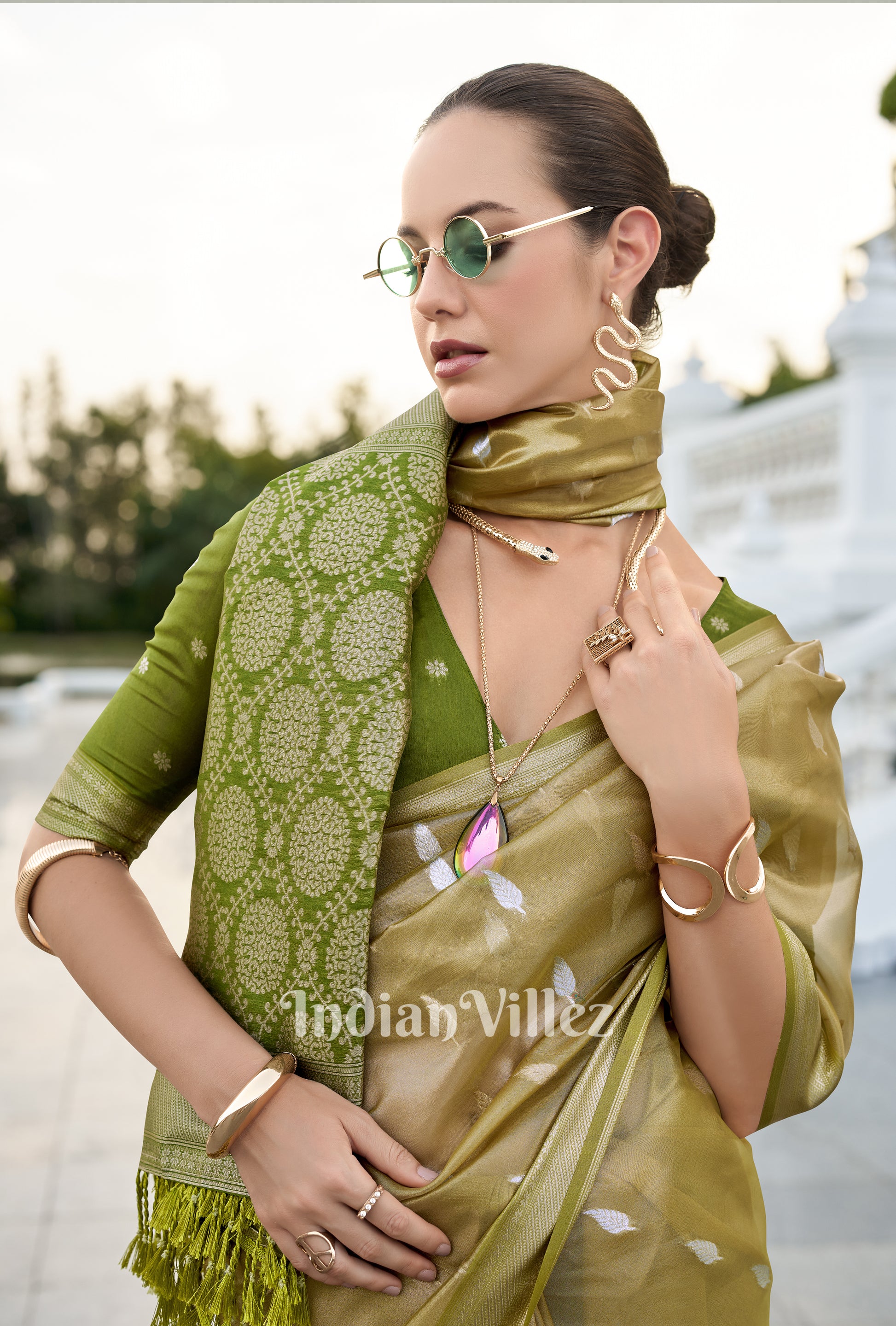 Olive Green Tissue Silk Saree