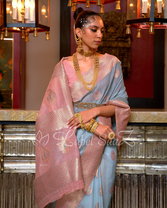 Blue Pure Multicoloured Linen Banarasi Saree