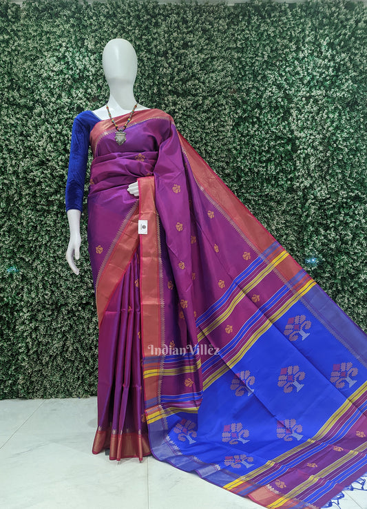 Mulberry Purple Blue Pure Bishnupuri Silk Saree