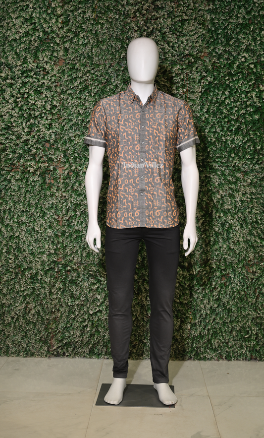 Grey Yellow Musical Instrument Theme Odisha Ikat Cotton Half Sleeve Shirt for Men 