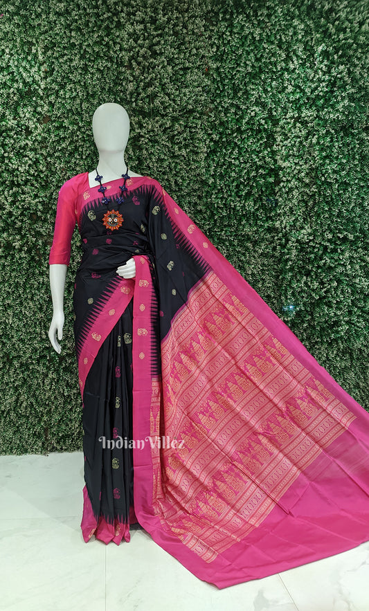 
Black Pink Odisha Ikat Bomkai Sambalpuri Silk Saree