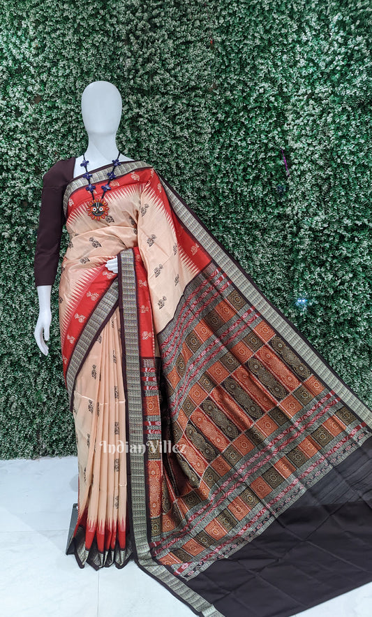 Beige Red Odisha Ikat Bomkai Sambalpuri Silk Saree