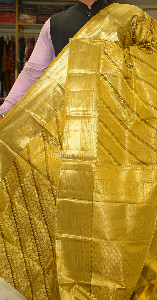 Exclusive Mustard Yellow Golden Stripped Pure Kanjivaram Tissue Silk Saree 
