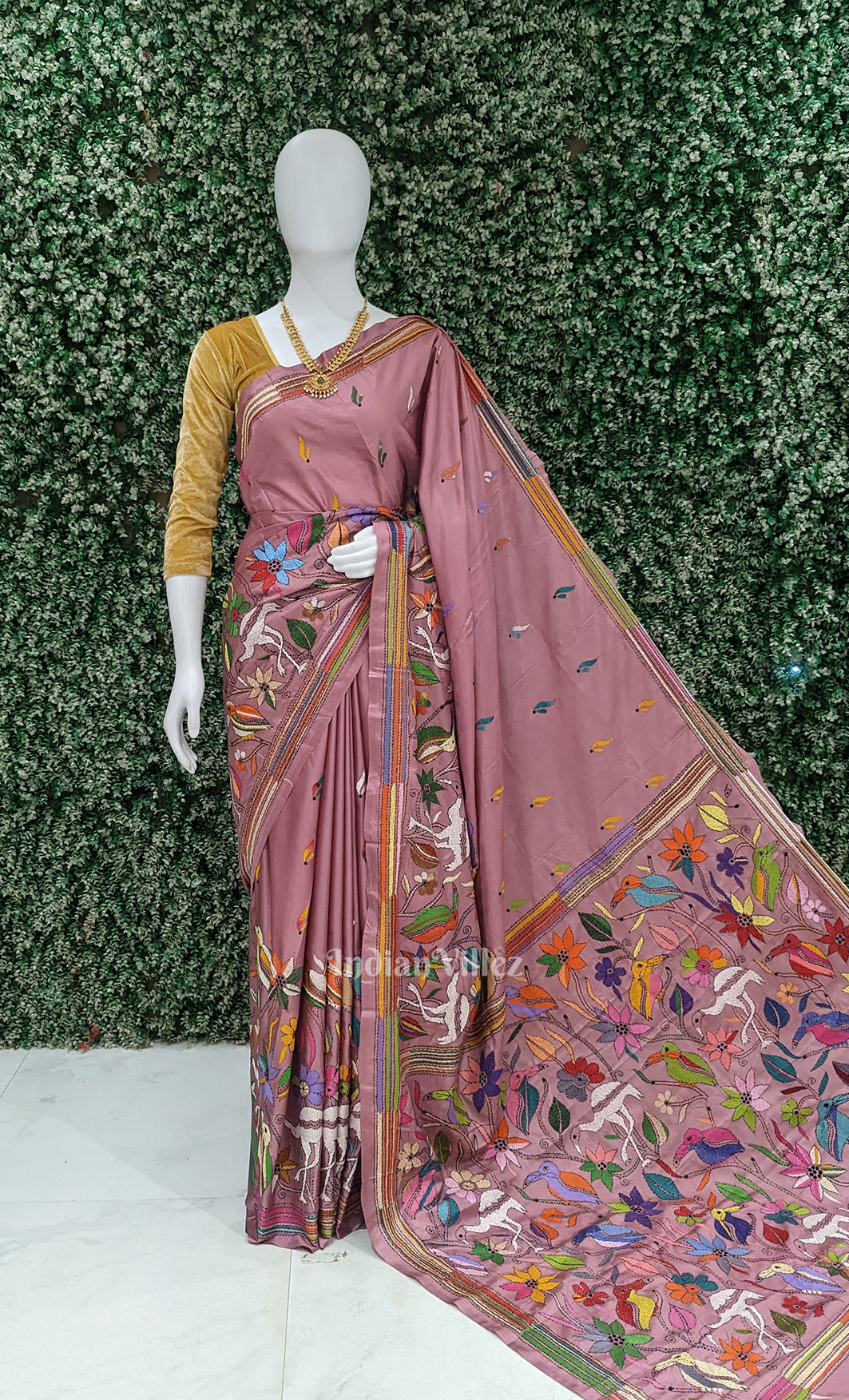 Peach Pink Handwoven Kantha Stitch Silk Saree