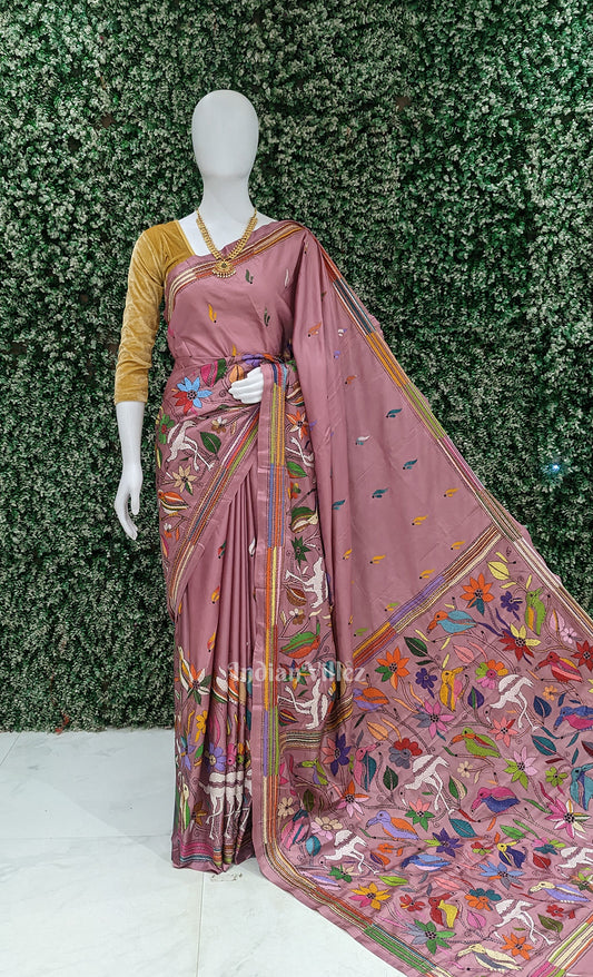 Peach Pink Handwoven Kantha Stitch Silk Saree