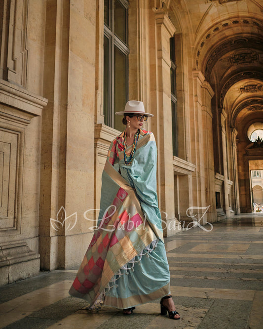 Sky Blue Multicoloured Soft Handloom Silk Weaving Saree