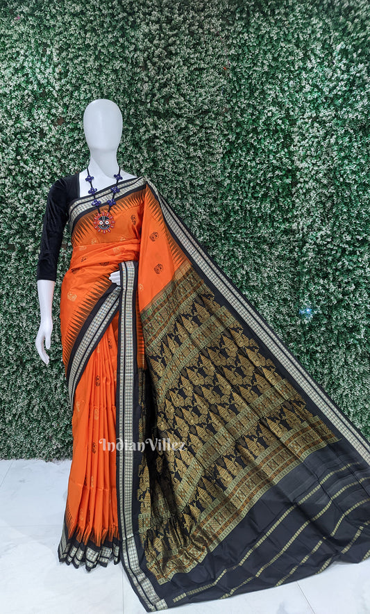 Orange Black Odisha Ikat Bomkai Sambalpuri Silk Saree