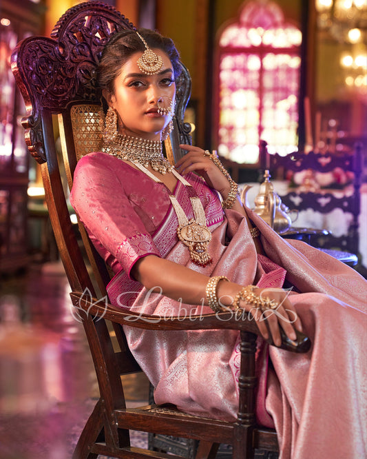 Pinkish White Pink Kanjivaram Silk Saree