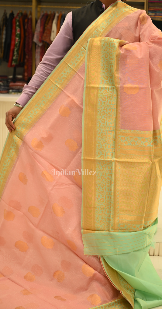 Peach Green Linen with Copper Zari Weaving Saree