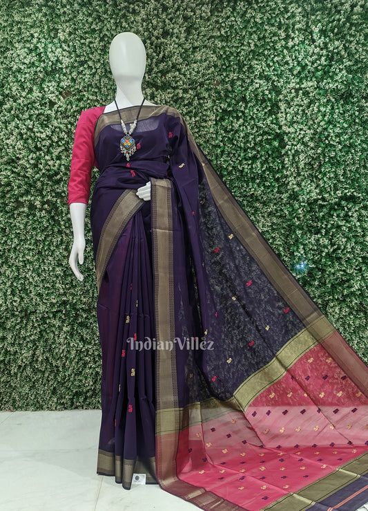 Violet Leaf Motif Pure Silk Cotton Maheswari Saree with Zari Border