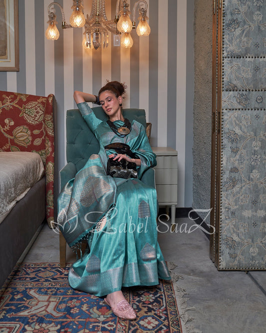 Sky Blue Party Designer Tussar Banarasi With Moti Work Saree