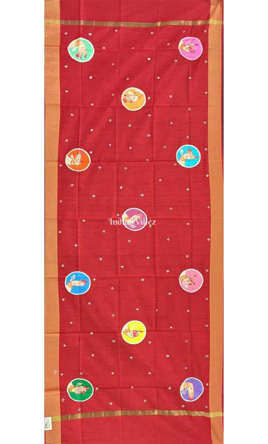 Red Odisha Pattachitra Art on Chanderi Dupatta