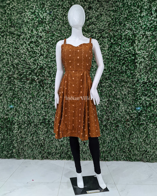 Brown Odisha Ikat Designer Cotton Noodle Strap Frock