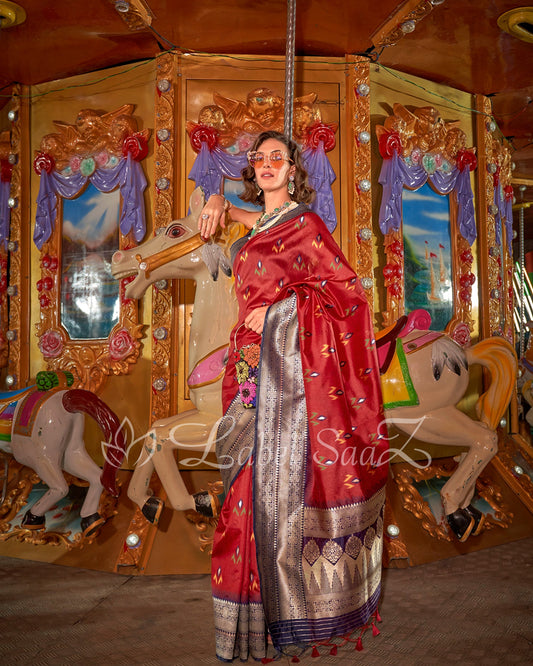 Red Ikat Saree with Zari Border Tussar Silk