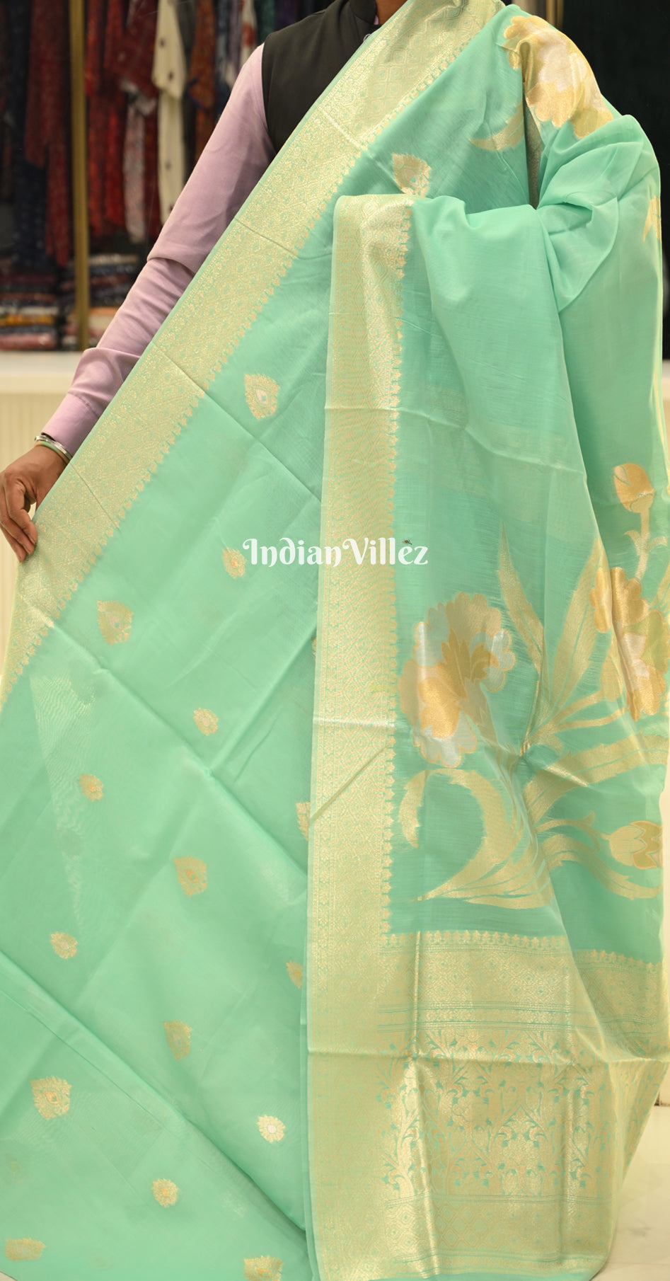 Mint Green Floral Linen Saree