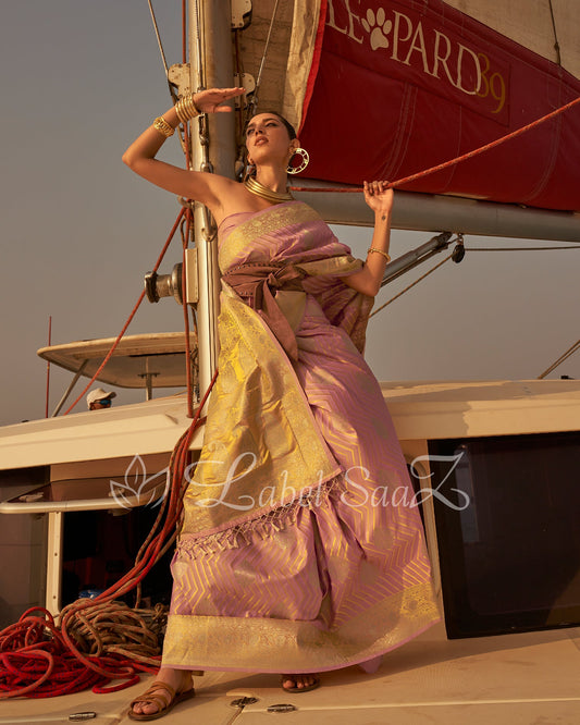 Pink Golden Two Tone Leheriya Banarasi Satin Silk Saree