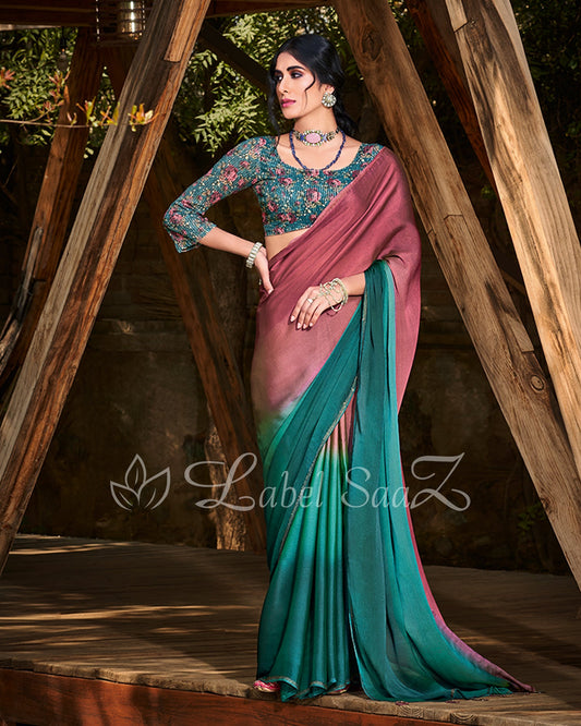 Peach Rama Chiffon Saree with Floral Blouse