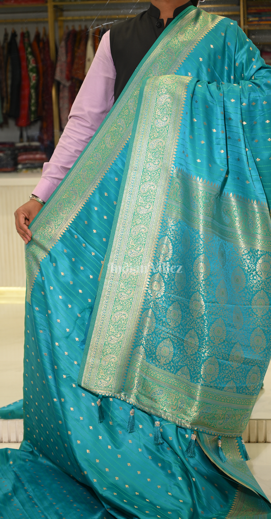 Cyan Blue Buti Design Zari Satin Silk Banarasi Saree