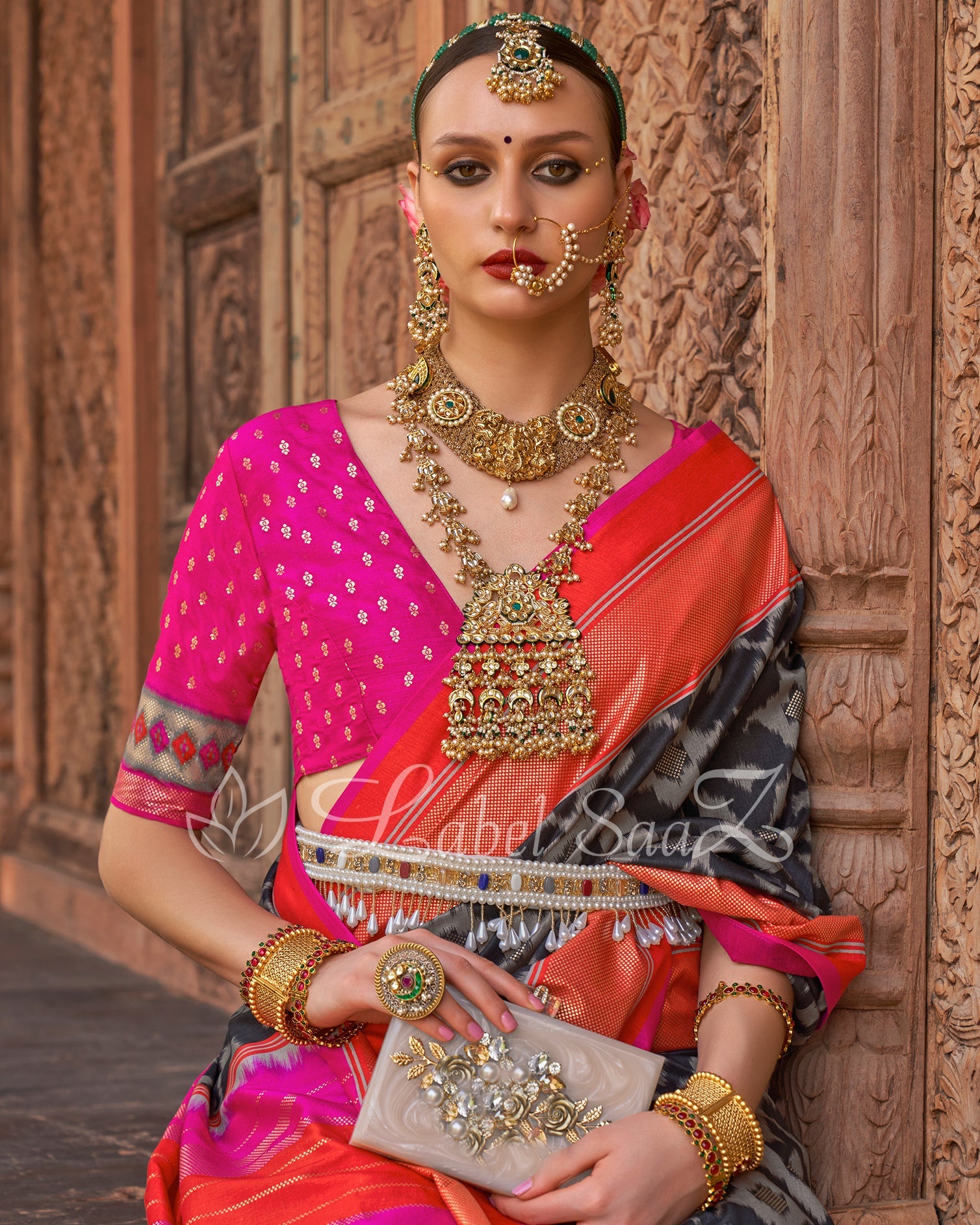 Black with Pink Patola Inspired Pochampally South Silk Saree