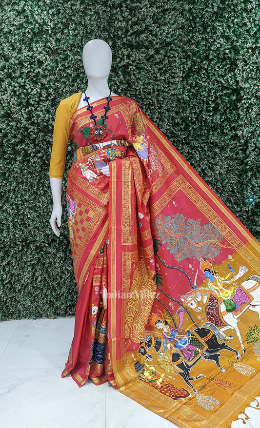 Red Yellow Hindu Festival Pure Hand-Painted  Pattachitra Saree