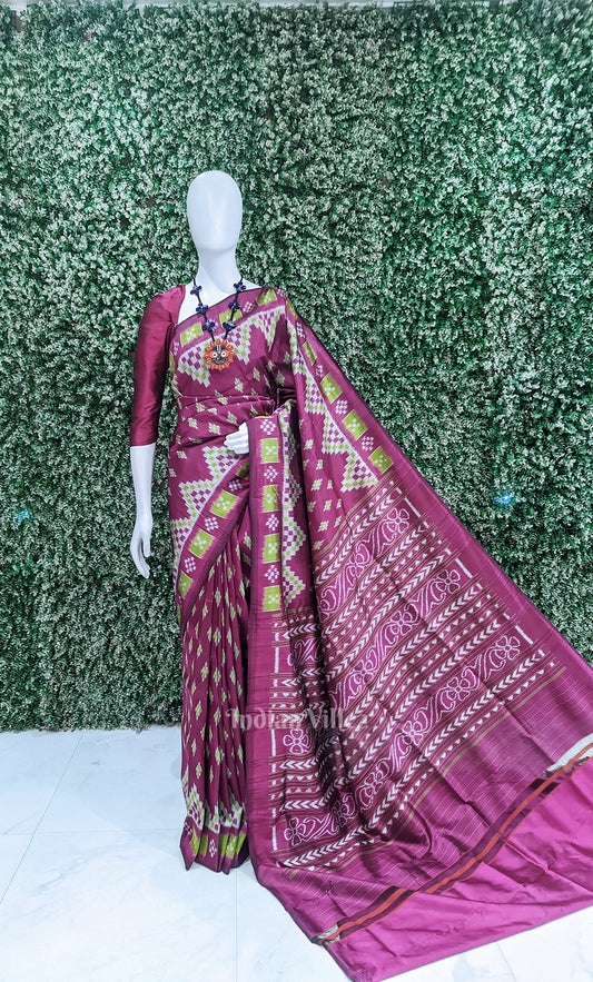 Wine Purple Pasapali  Border Odisha Ikat Contemporary Designer Silk Saree