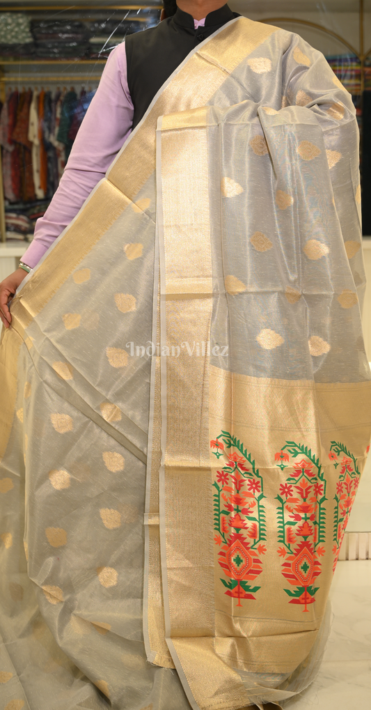 Grey Linen Tissue Kora Silk Saree With Paithani Pallu