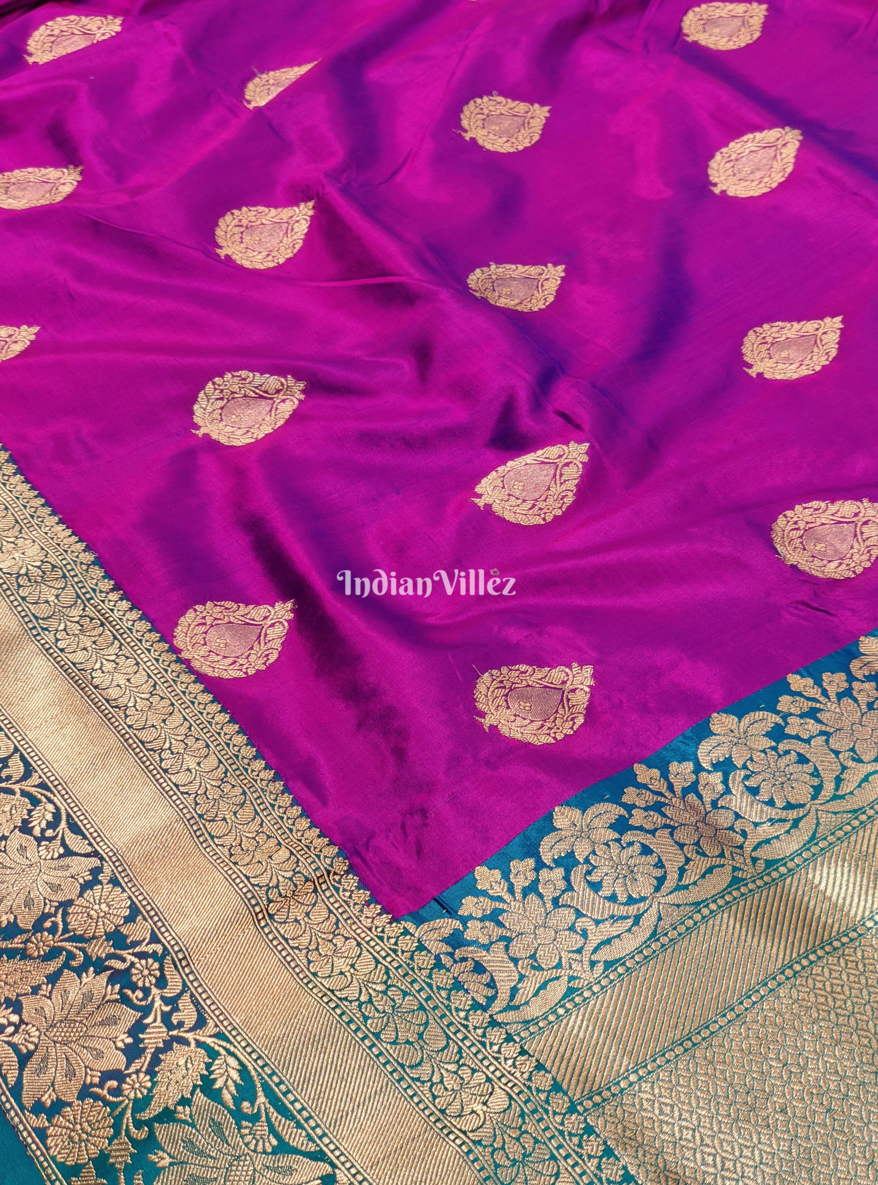 Purple Rama Green Pure Banarasi Katan Silk Saree