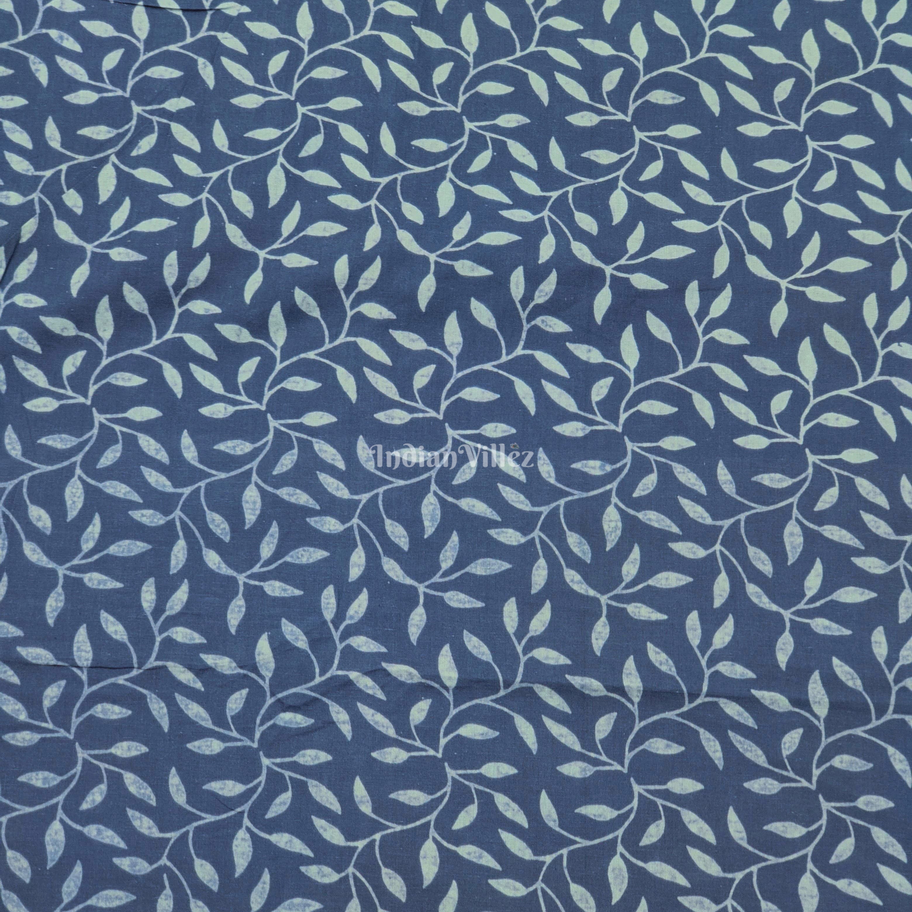 Navy Blue Floral Hand Block Printed Cotton Fabric