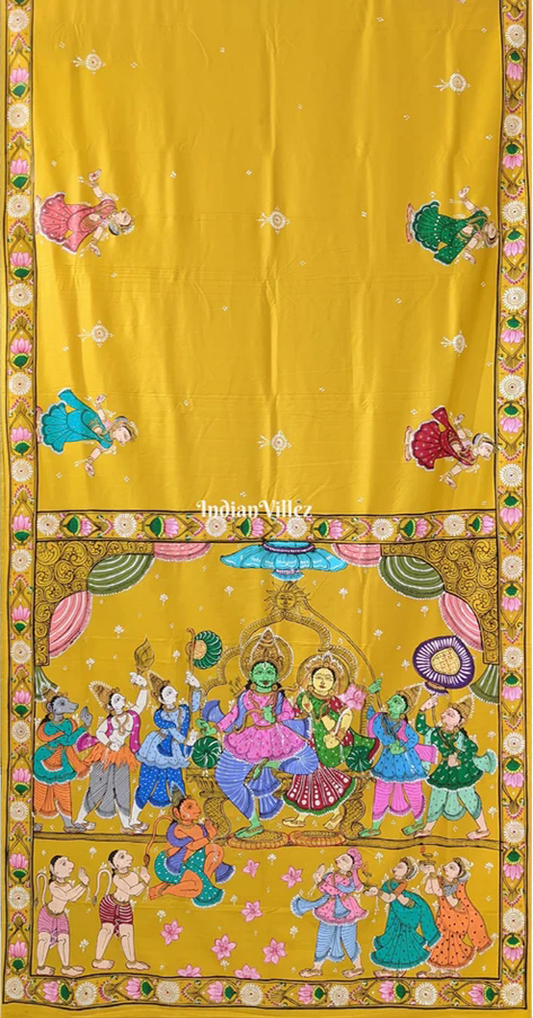 Lemon Yellow Ramayana Theme Pattachitra Saree