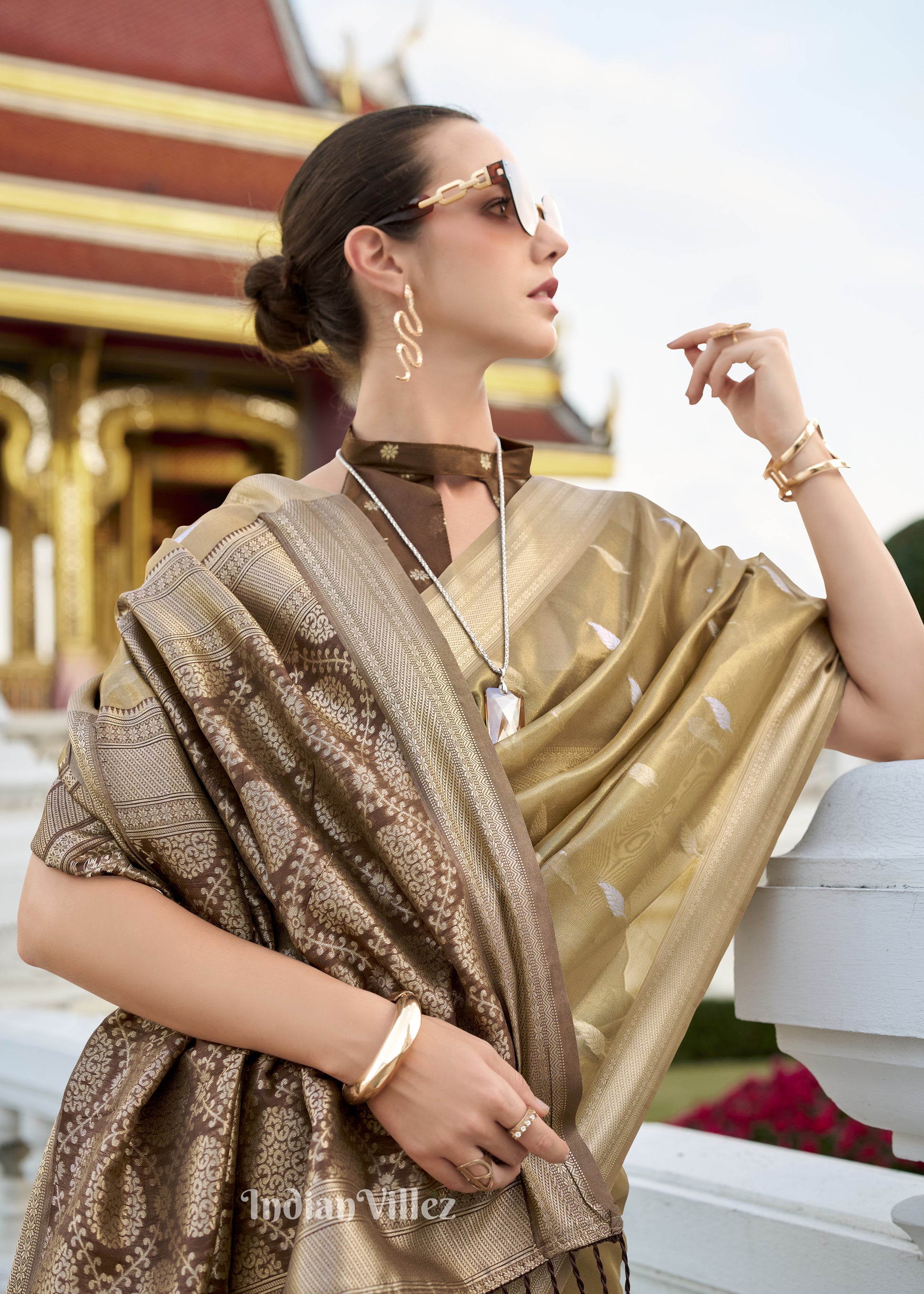 Golden Brown Zari Tissue Silk Saree