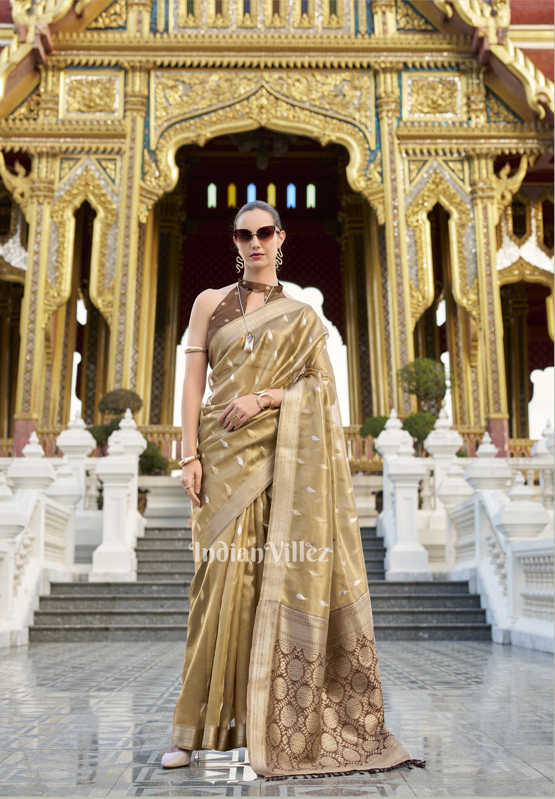 Golden Brown Zari Tissue Silk Saree