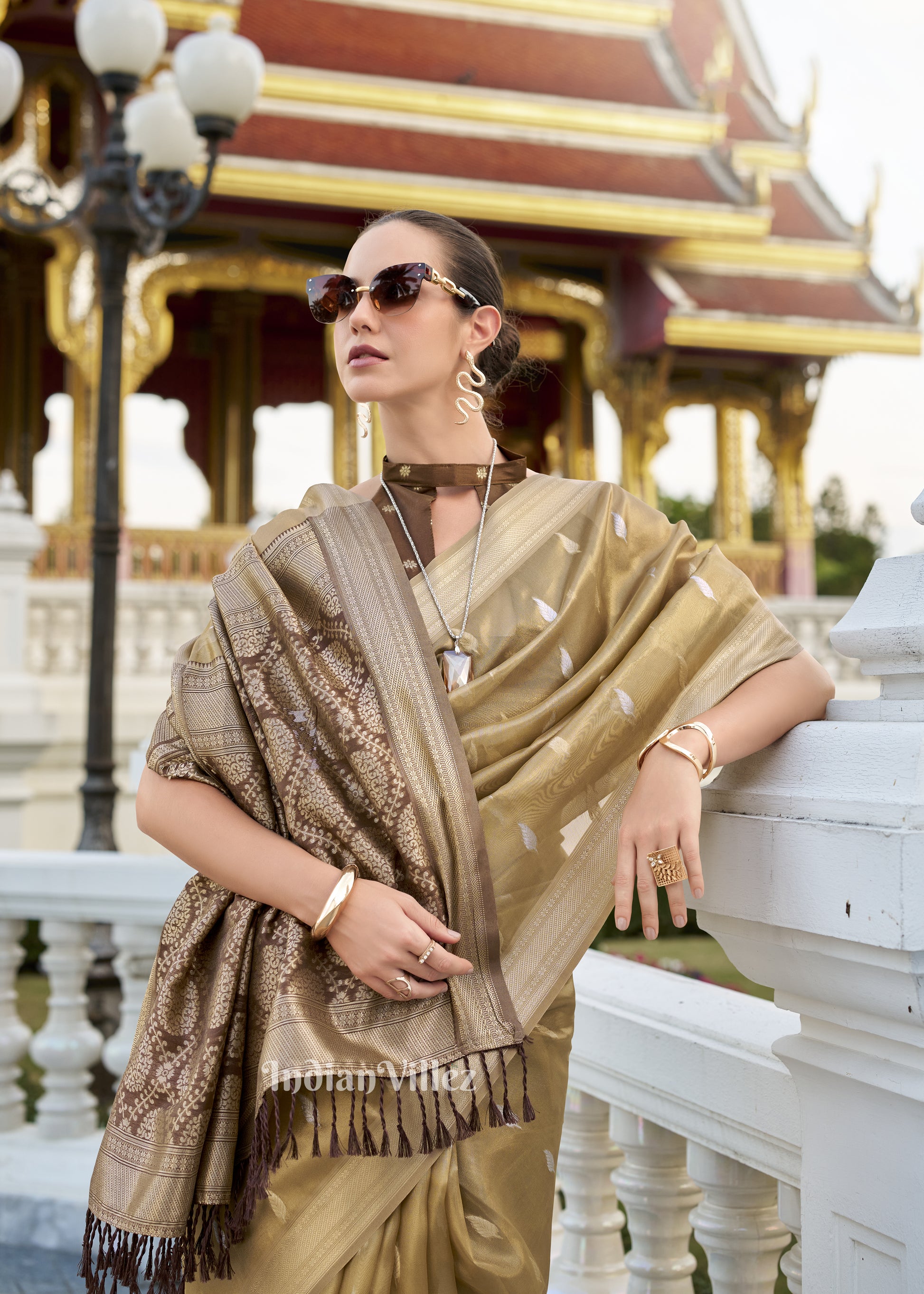 Golden Brown Zari Tissue Silk Saree