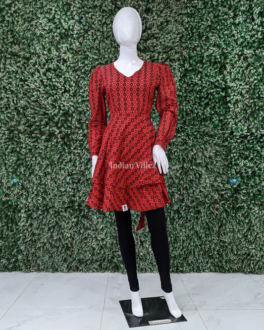 Red Maroon Sambalpuri Odisha Ikat Designer Cotton Frock