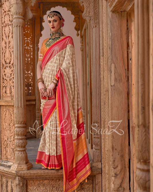 Milky White Patola Inspired Pochampally South Silk Saree