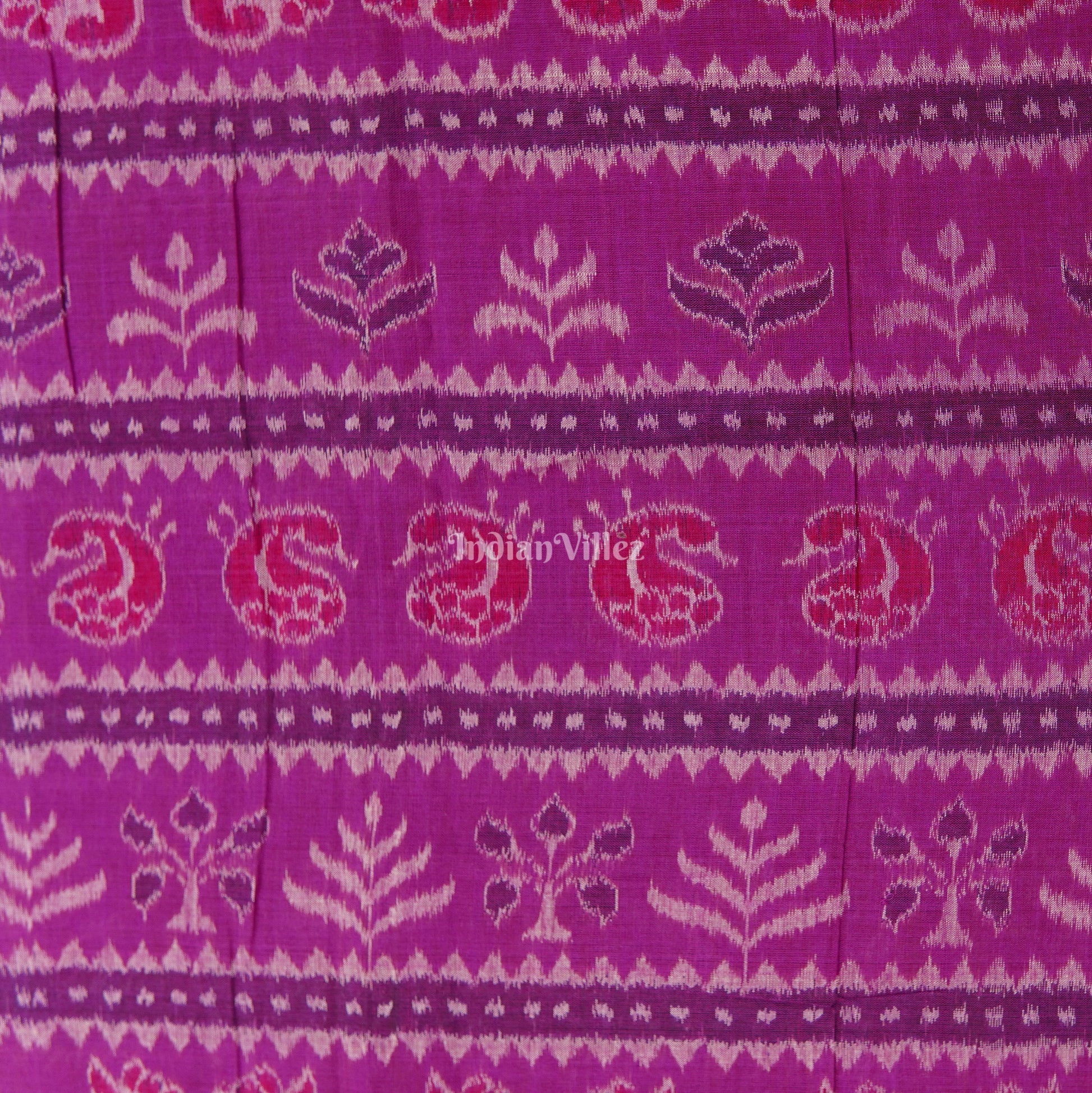 Deep Pink Floral Theme Cotton Ikat Handloom Fabric