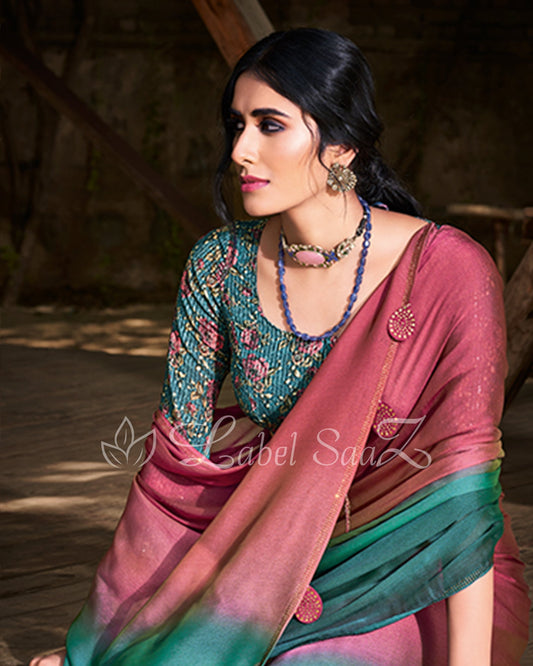 Peach Rama Chiffon Saree with Floral Blouse