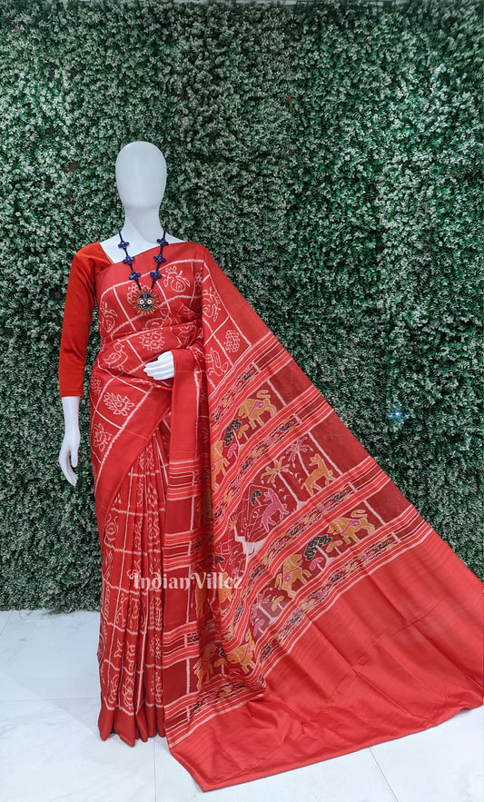 Red Nabakothi Odisha Ikat Contemporary Designer Silk Saree with Jungle Anchal