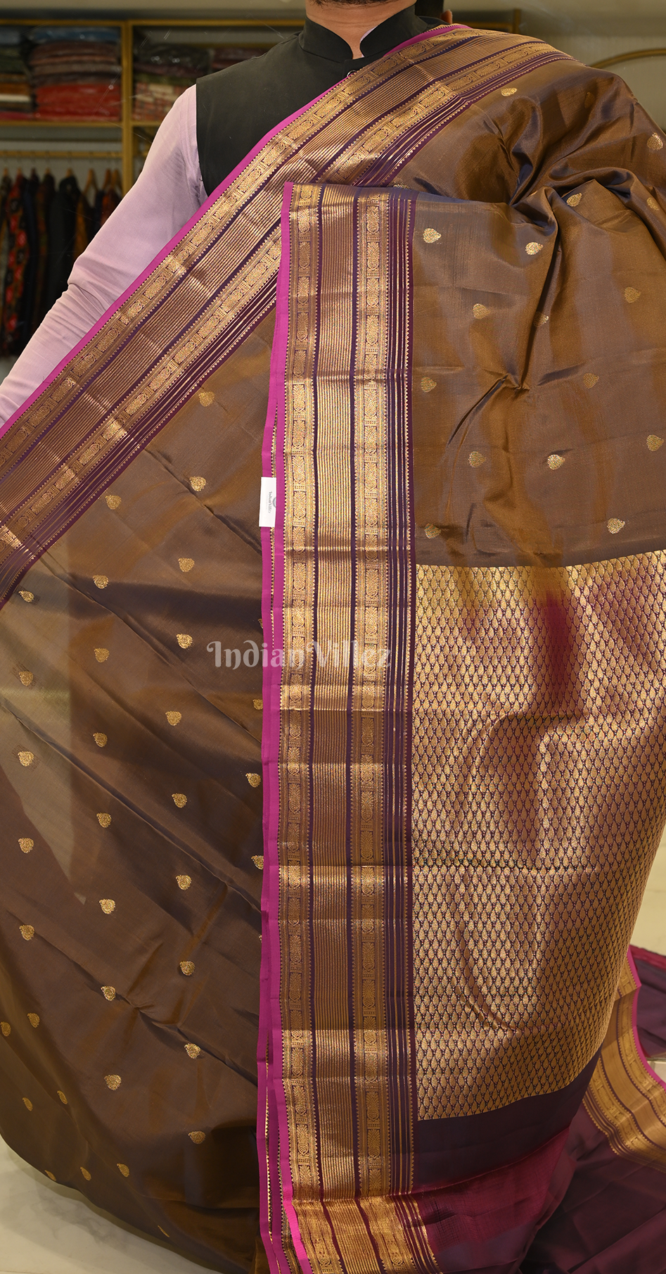 Chocolate Brown Golden Butta Brocade Pure Kanjivaram Silk Saree 
