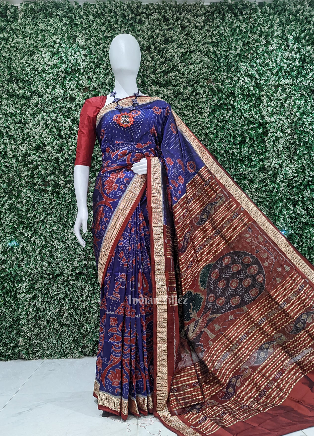 Blue Floral Motif Odisha Ikat Sambalpuri Silk Saree