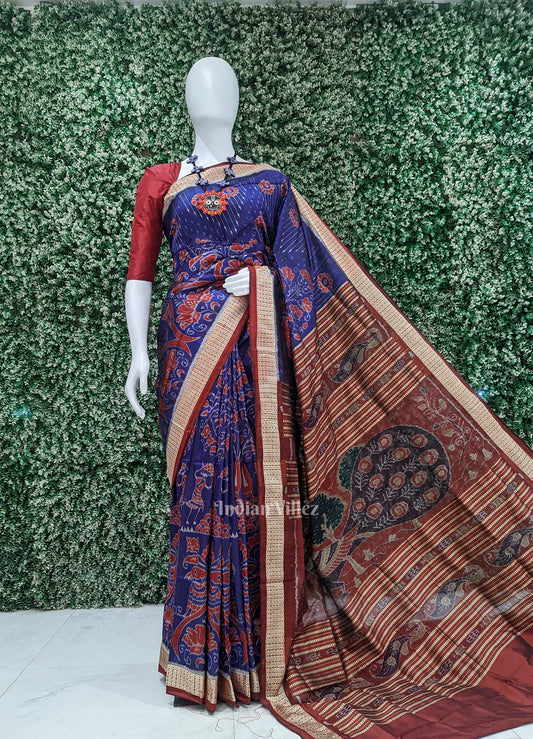Blue Floral Motif Odisha Ikat Sambalpuri Silk Saree